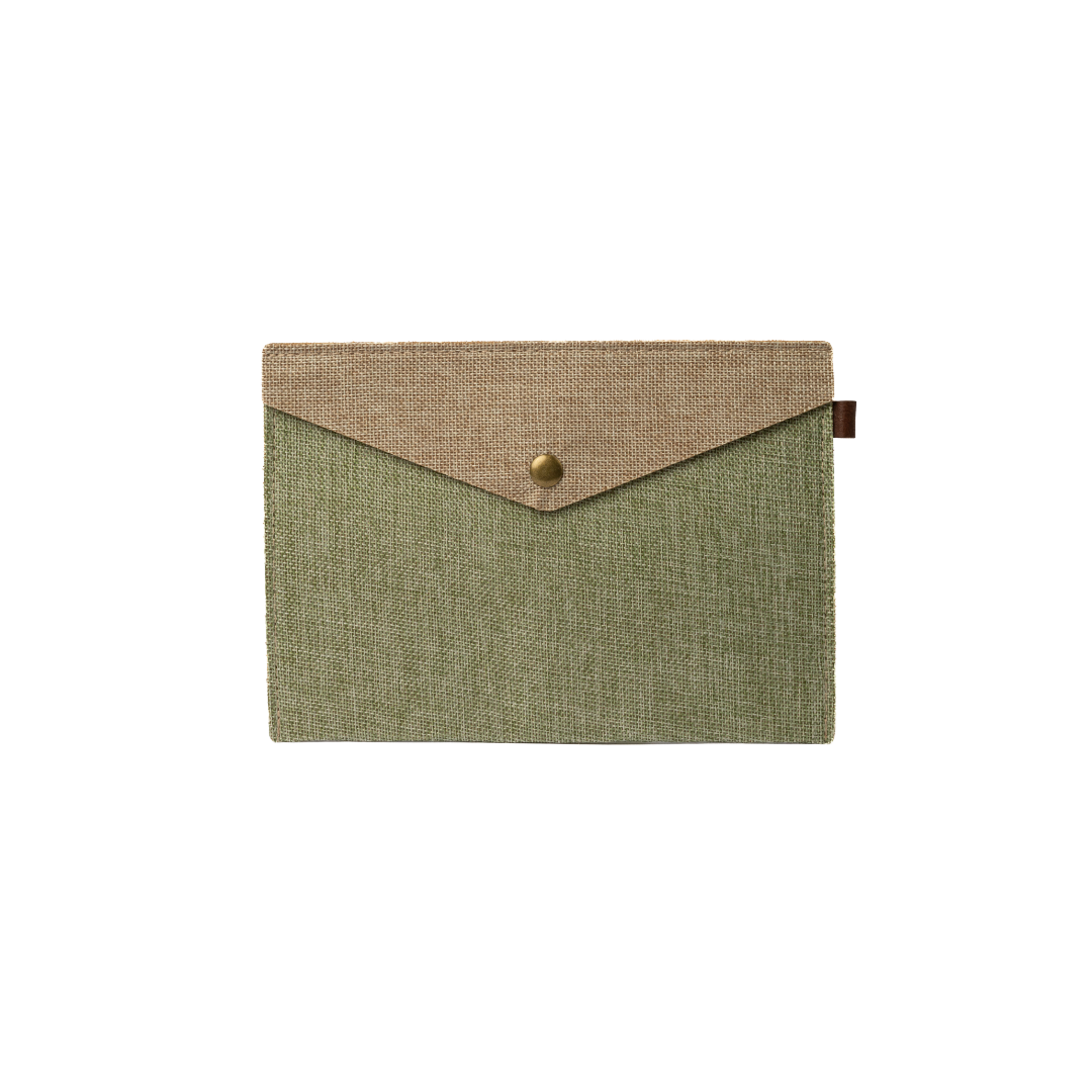A beige jute cover for A5 size with a button on the top right corner.