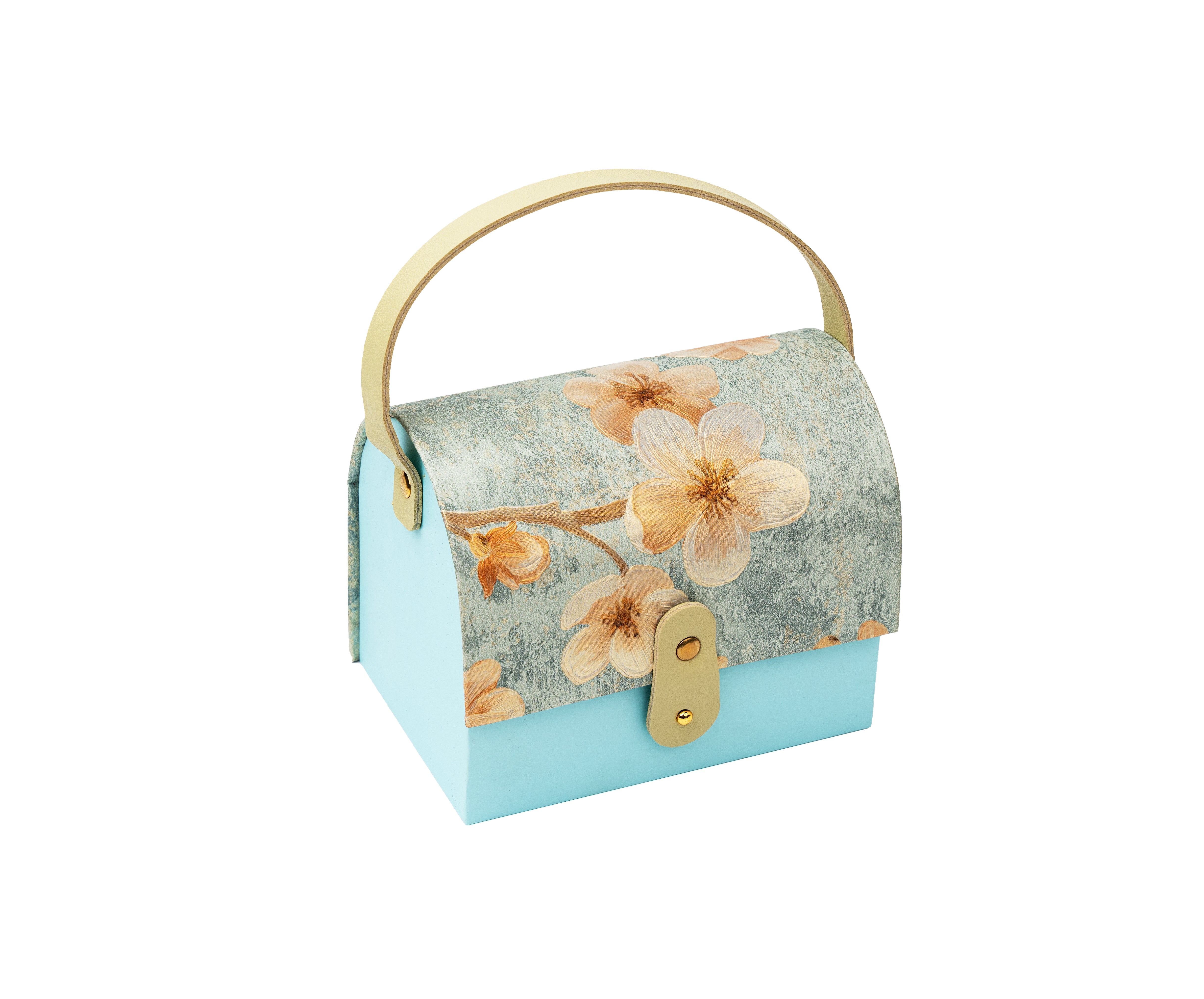 Sky Blue Floral textured Paper Purse Style Rigid Box with Handle