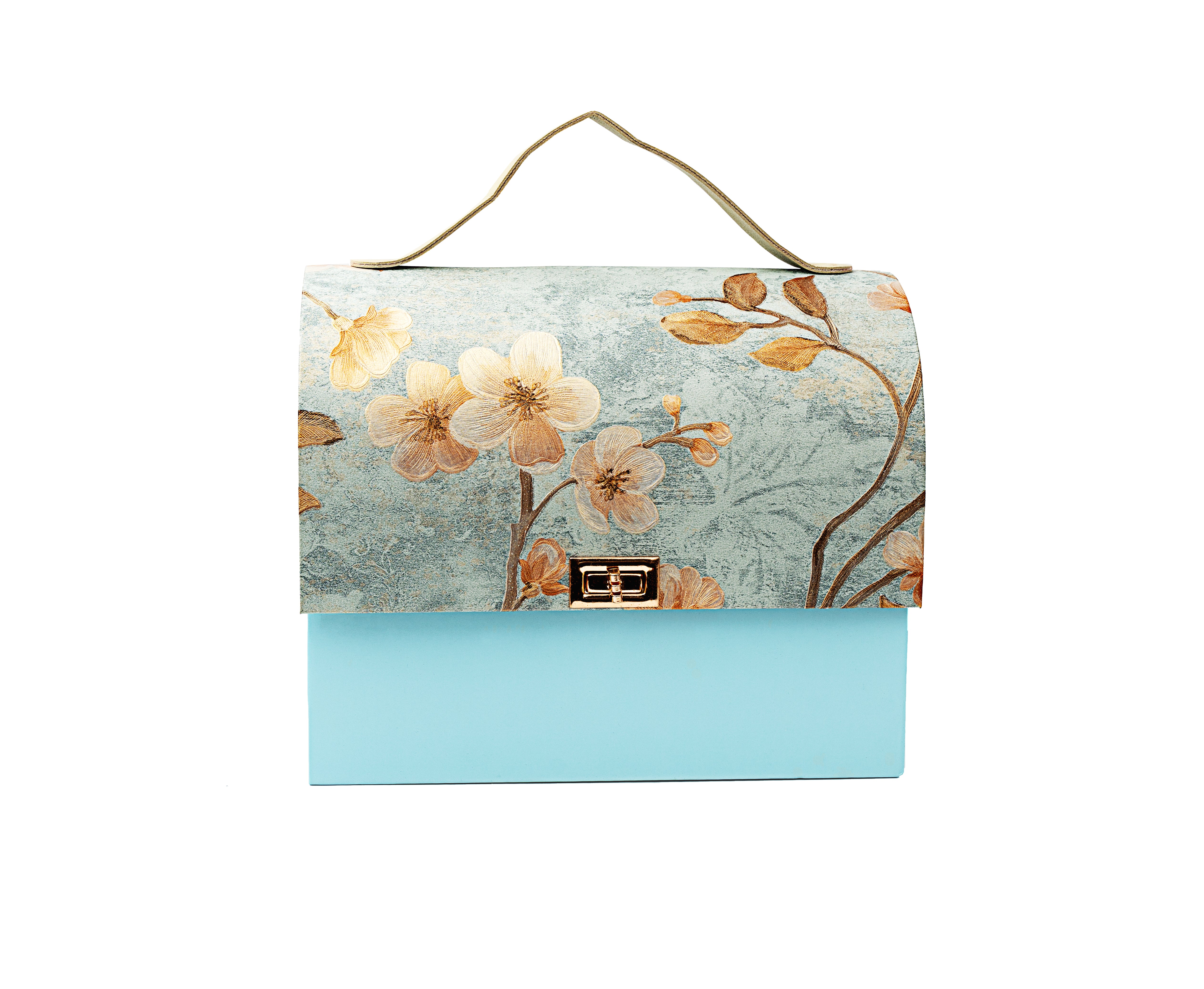 Sky Blue Floral textured Paper Purse Style Rigid Box with Handle