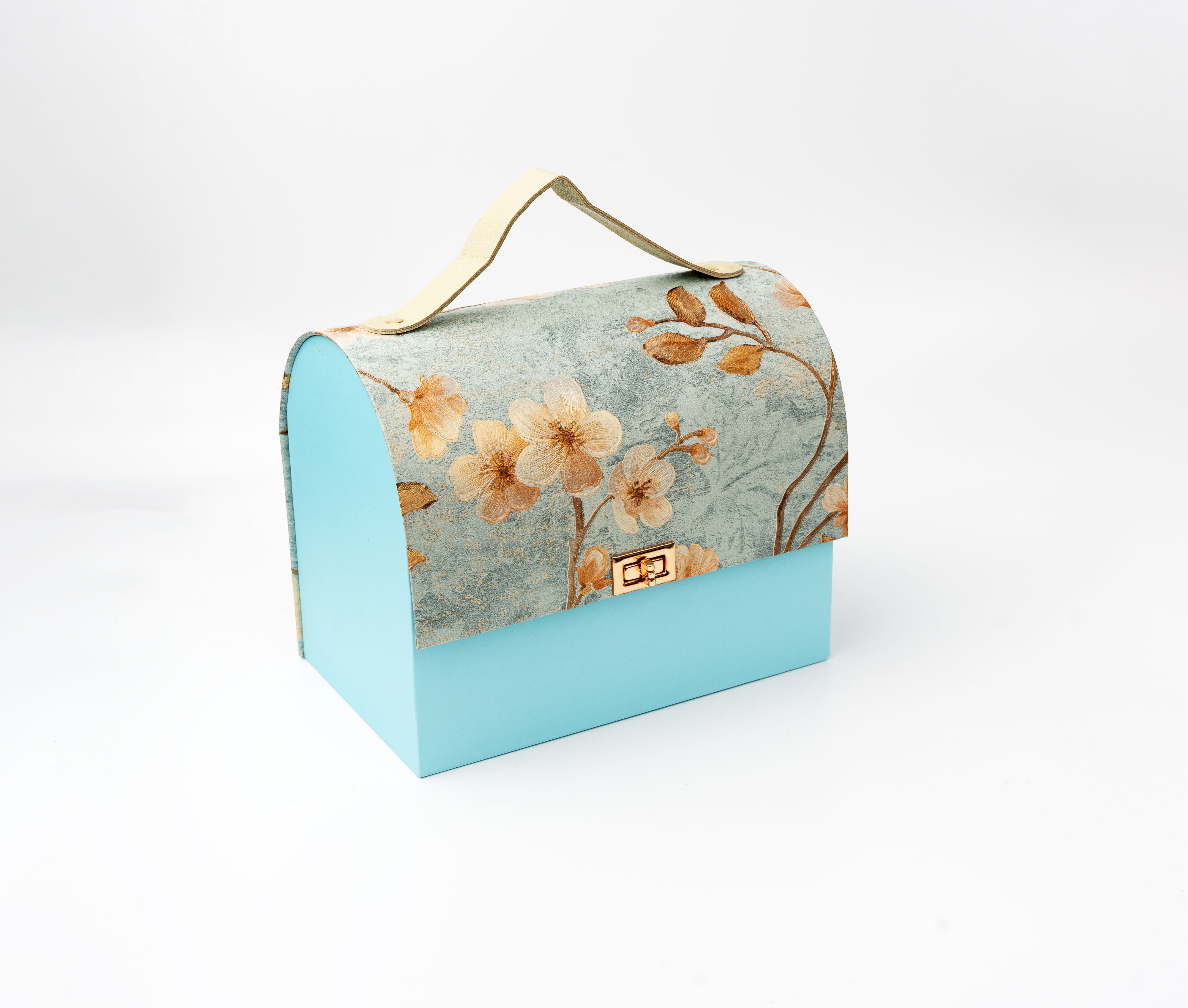 Sky Blue Floral textured Paper Purse Style Rigid Box with Handle