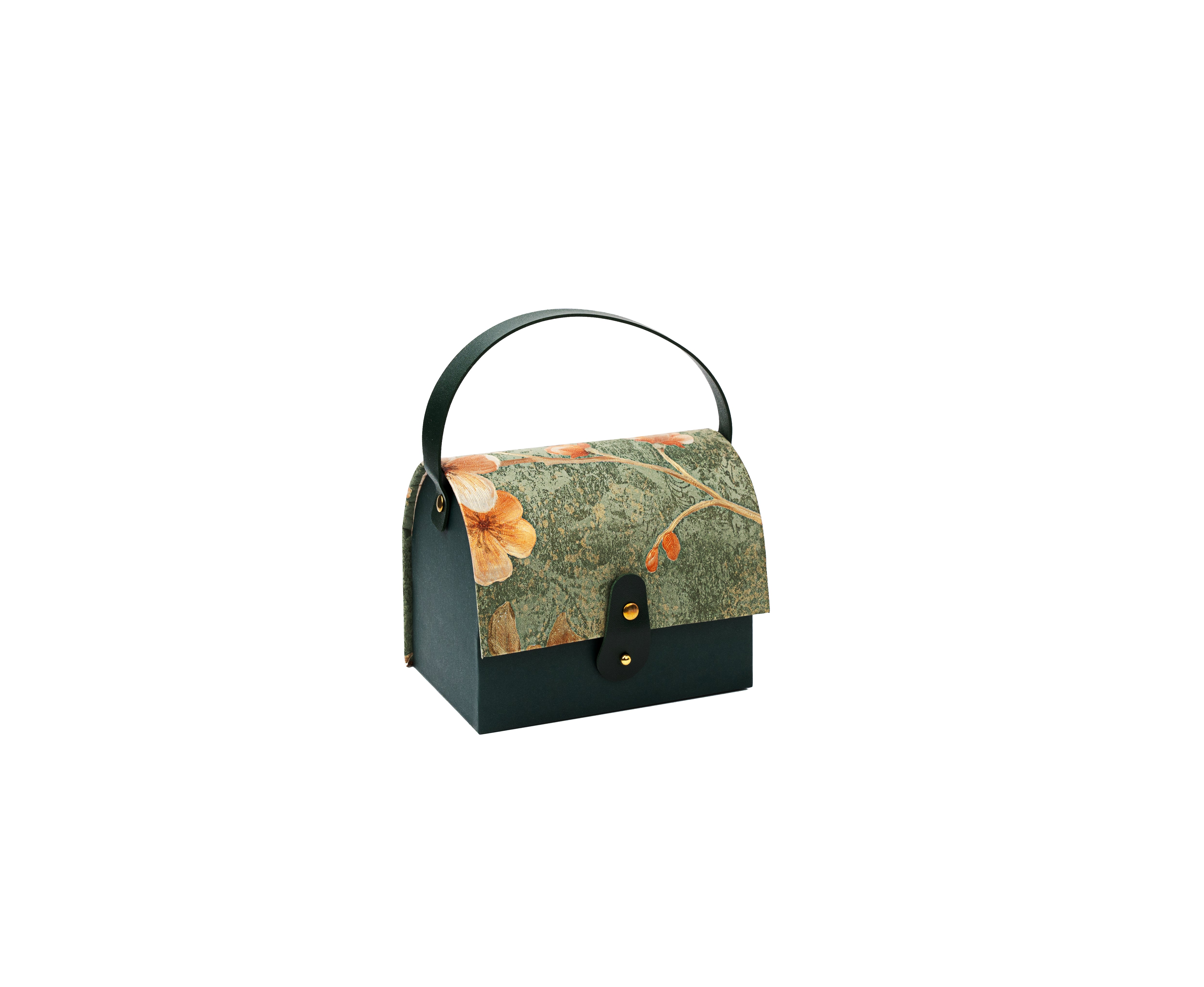 Forest Green Floral textured Paper Purse Style Rigid Box with Handle