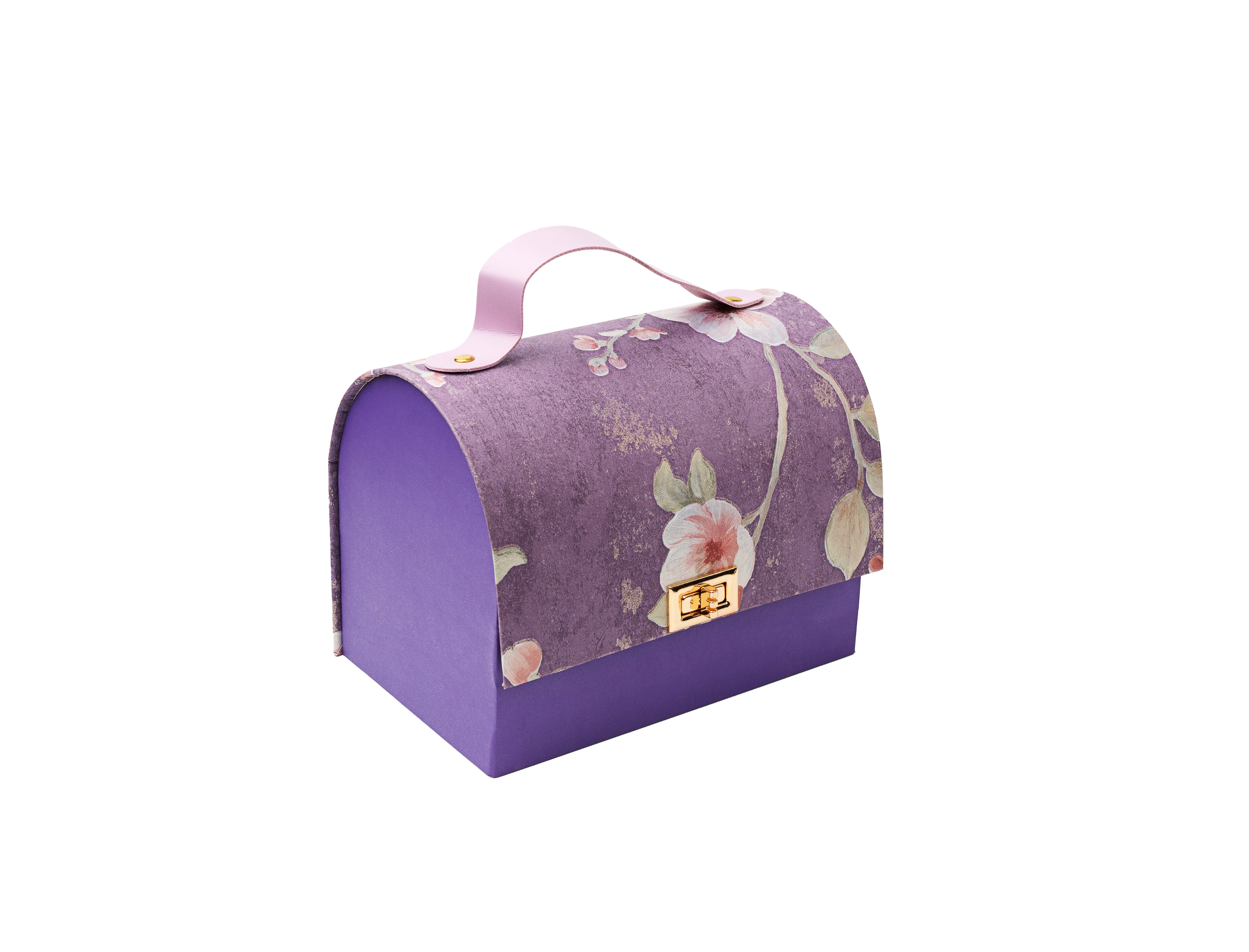 Purple Floral textured Paper Purse Style Rigid Box with Handle