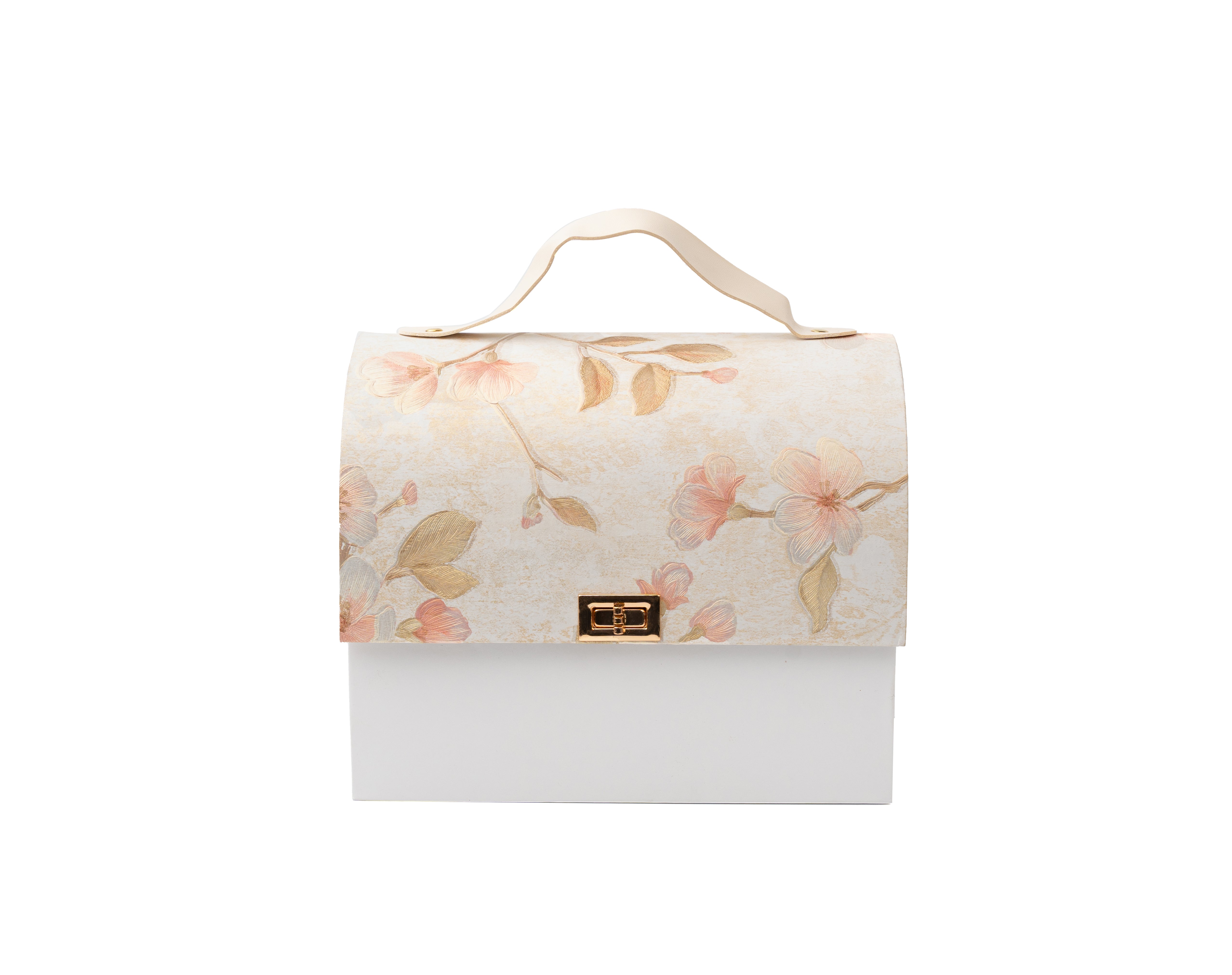 White Floral textured Paper Purse Style Rigid Box with Handle