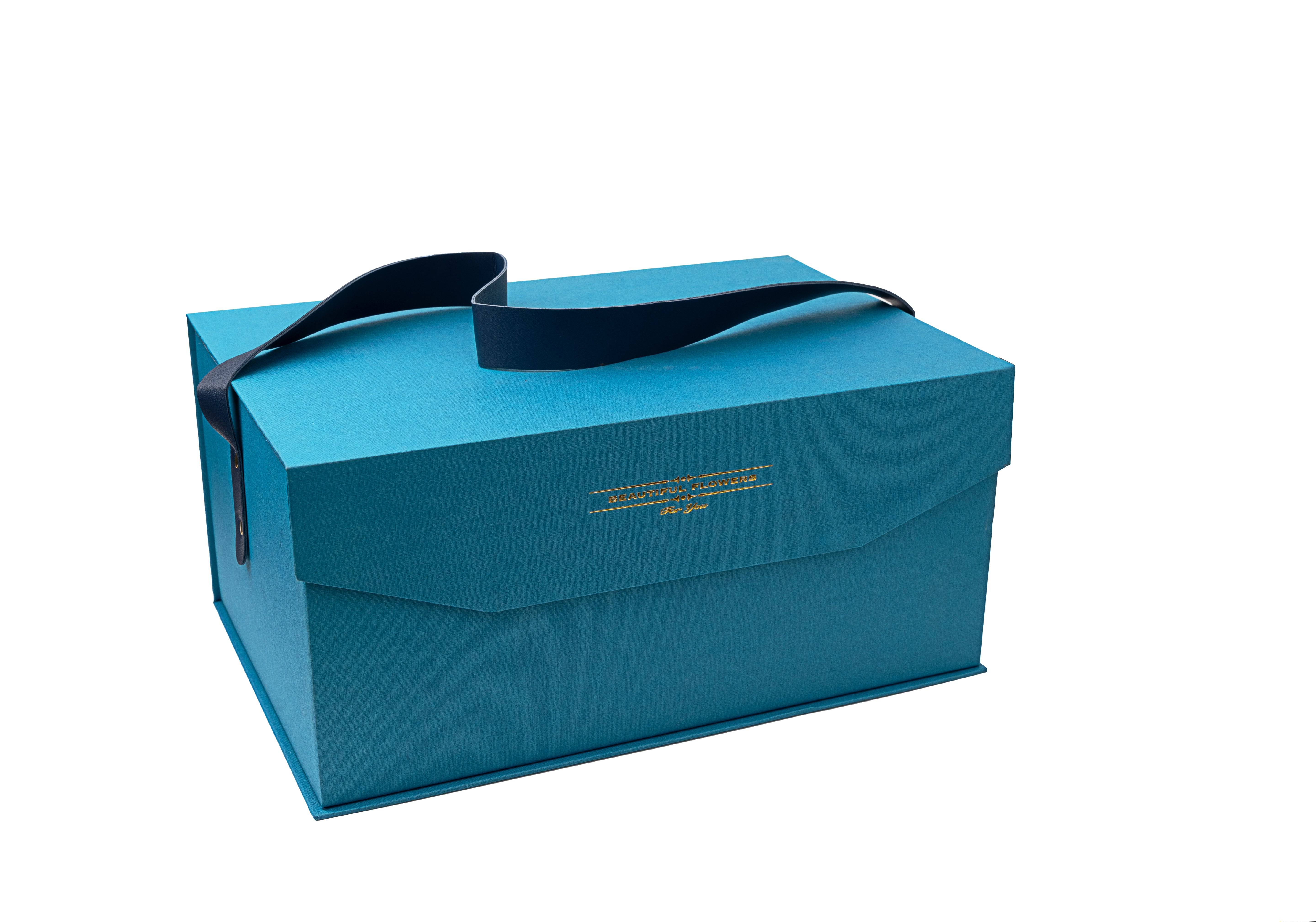 Blue Rectangular Magnetic Flap Rigid Gift Box with PU handle
