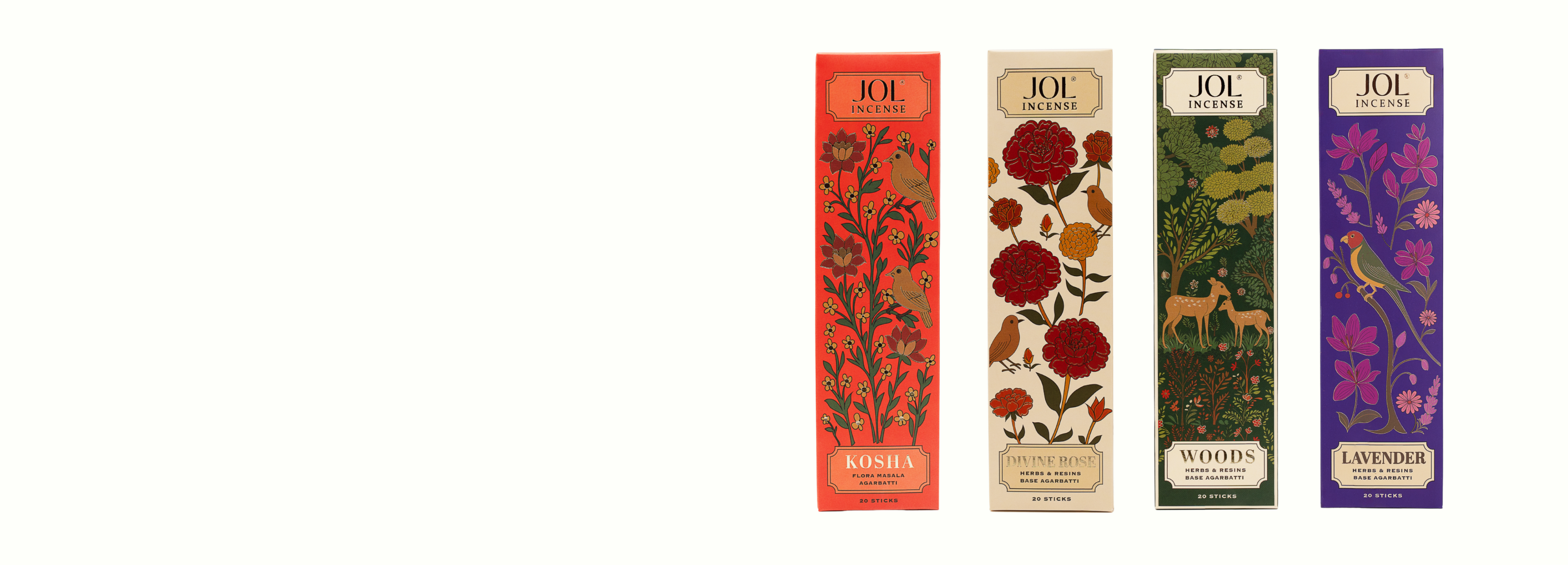 Jol incense collection featuring Kosha Flora, Divine Rose, Woods and Lavender fragrances