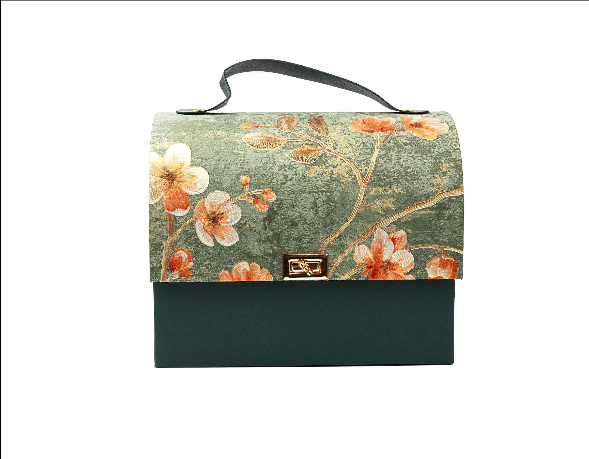 Forest Green Floral textured Paper Purse Style Rigid Box with Handle