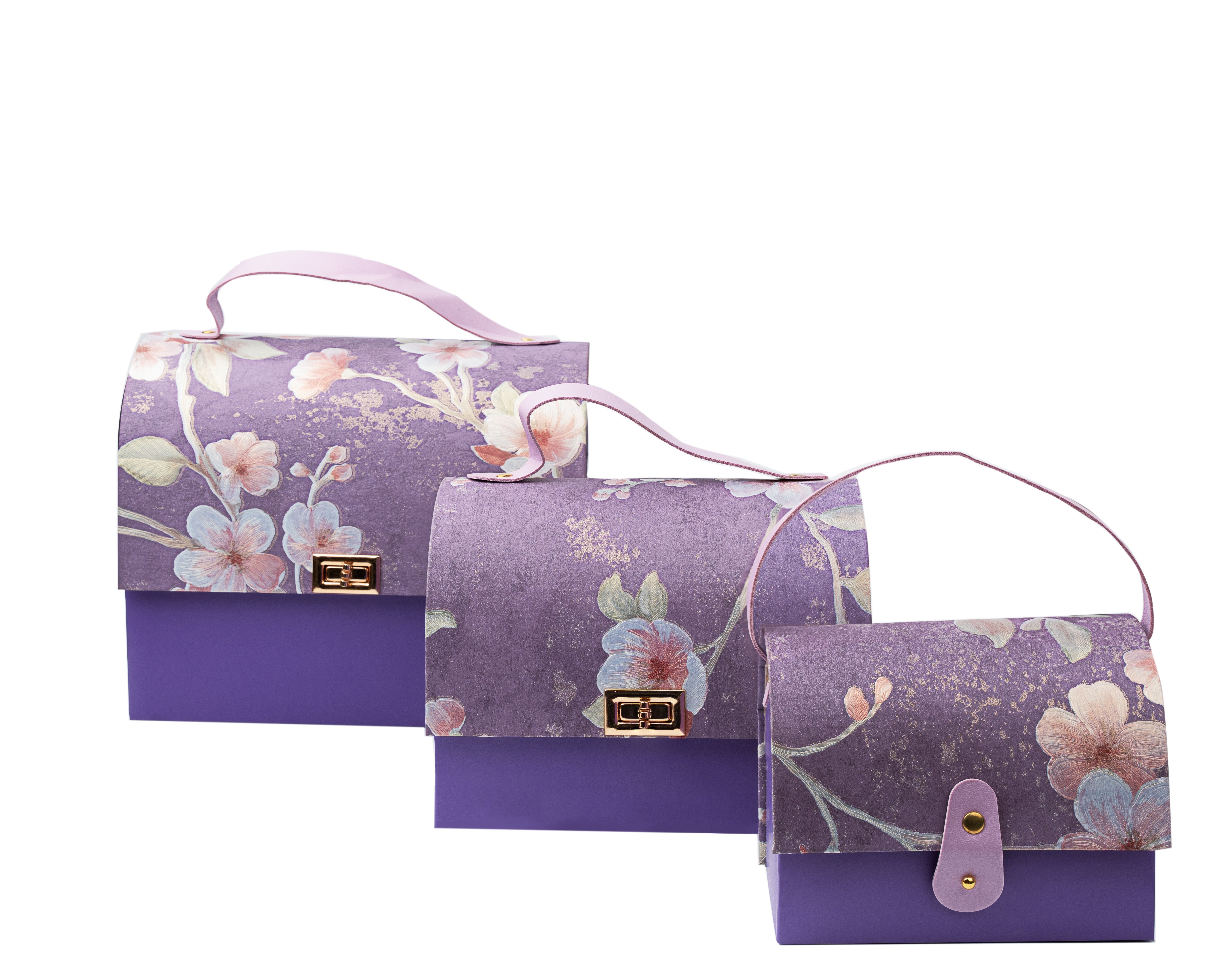Purple Floral textured Paper Purse Style Rigid Box with Handle