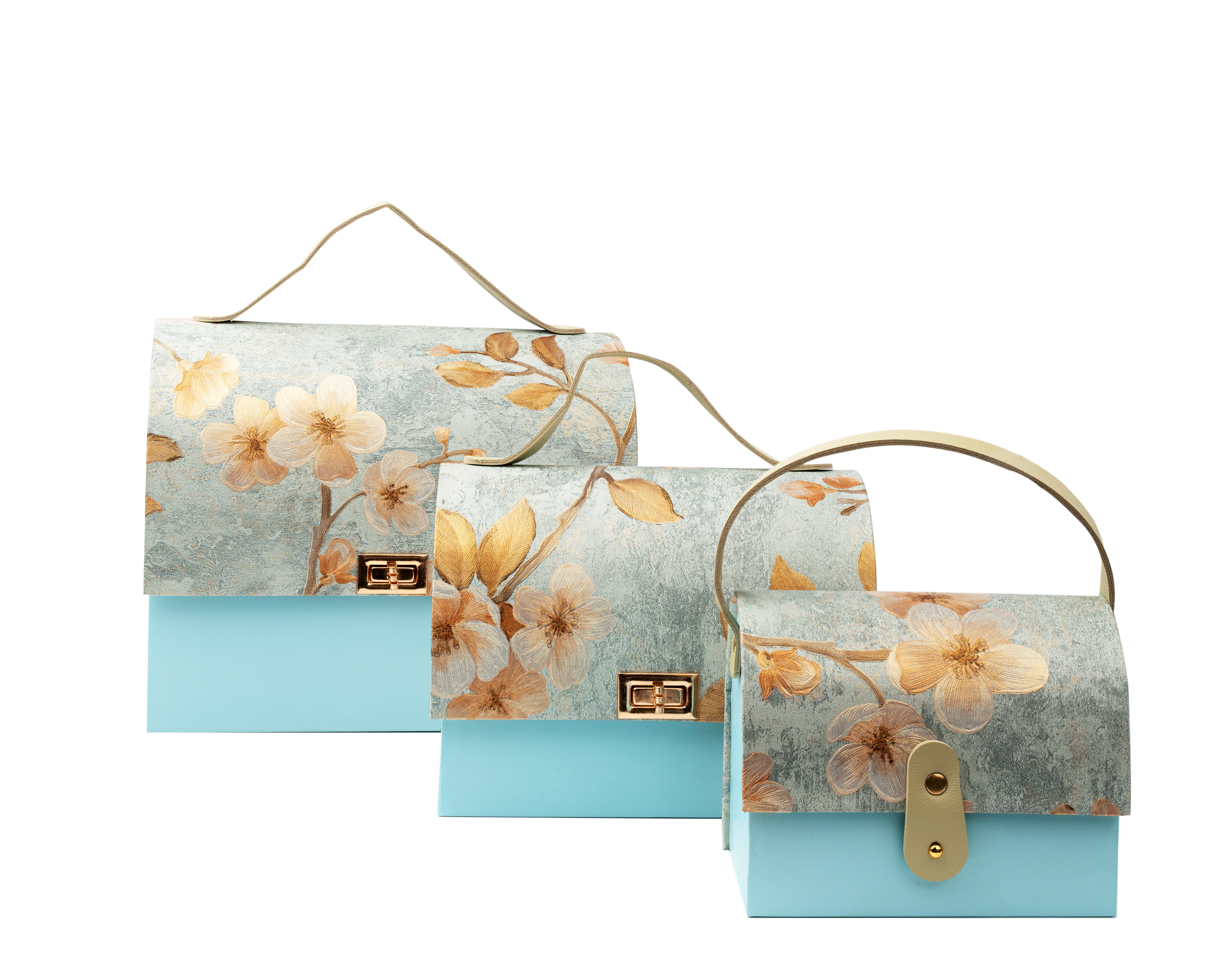 Sky Blue  Floral textured Paper Purse Style Rigid Box with Handle