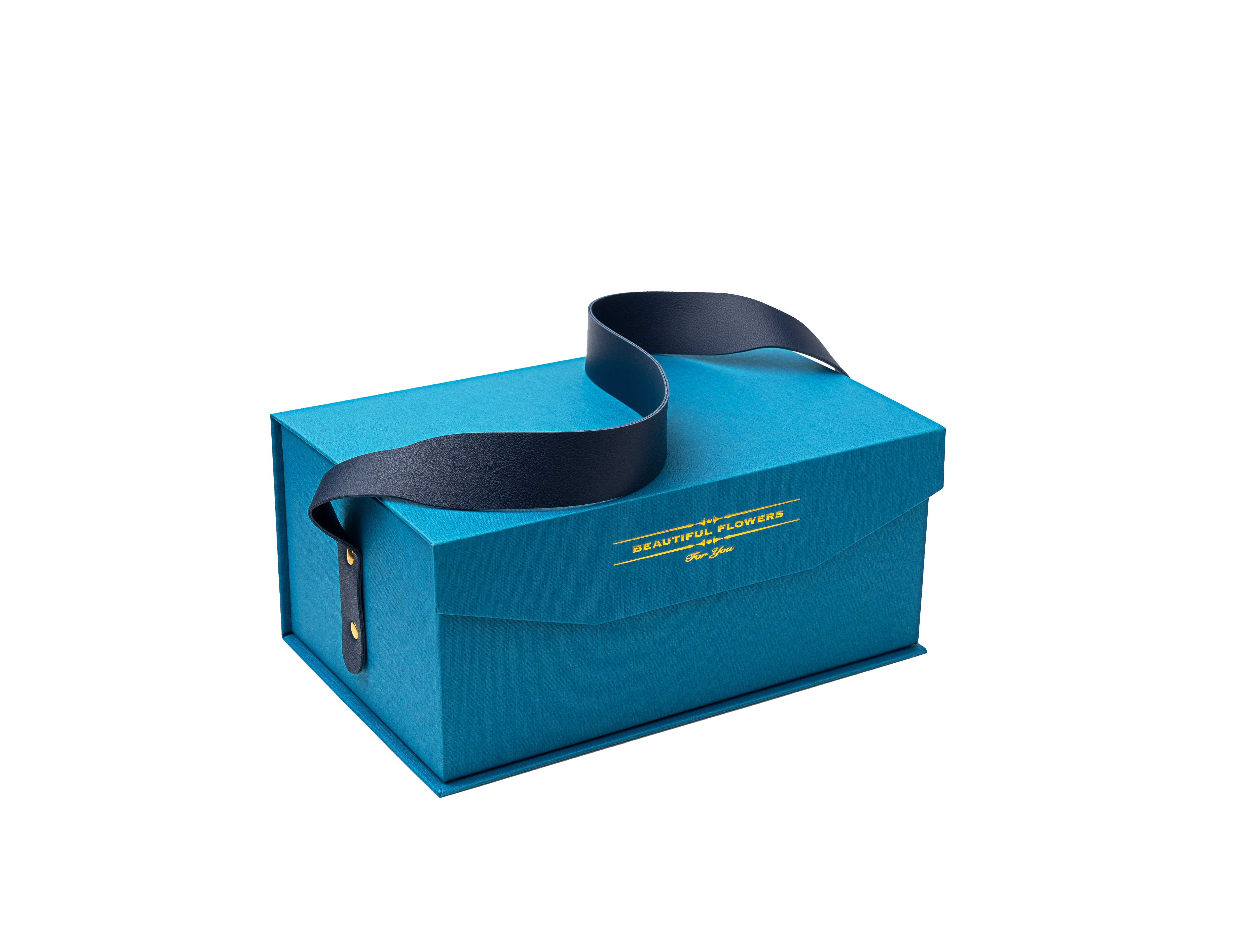 Blue Rectangular Magnetic Flap Rigid Gift Box with PU handle