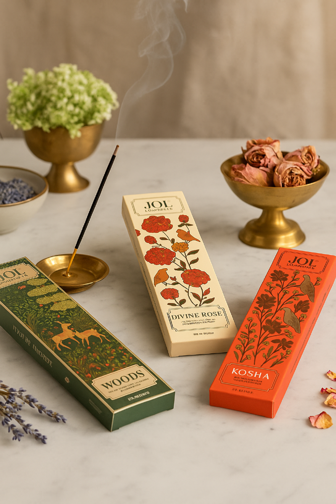 Incense sticks with decorative boxes on a table, surrounded by flowers and incense ash.
