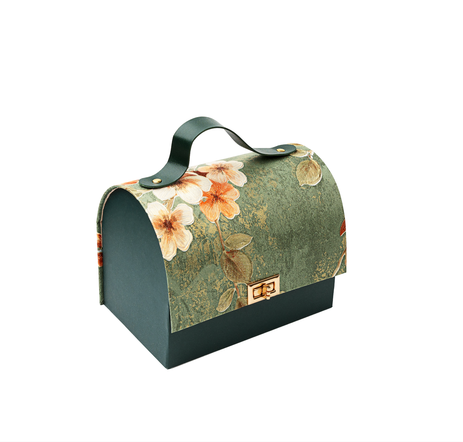 Forest Green Floral textured Paper Purse Style Rigid Box with Handle